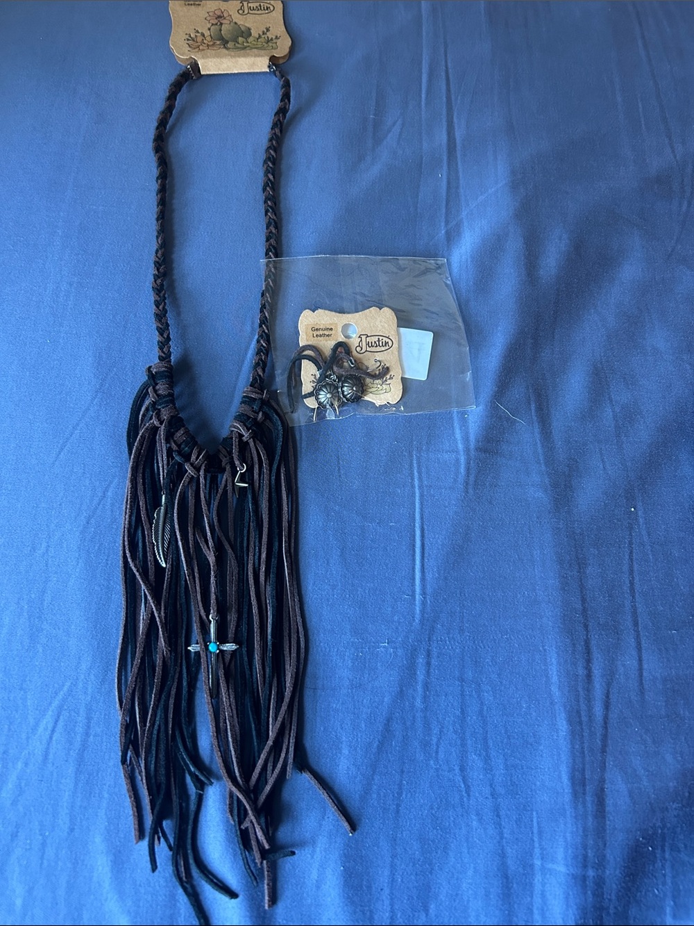 Justin Boots Black Fringe Necklace with Turquoise Accent and Earrings